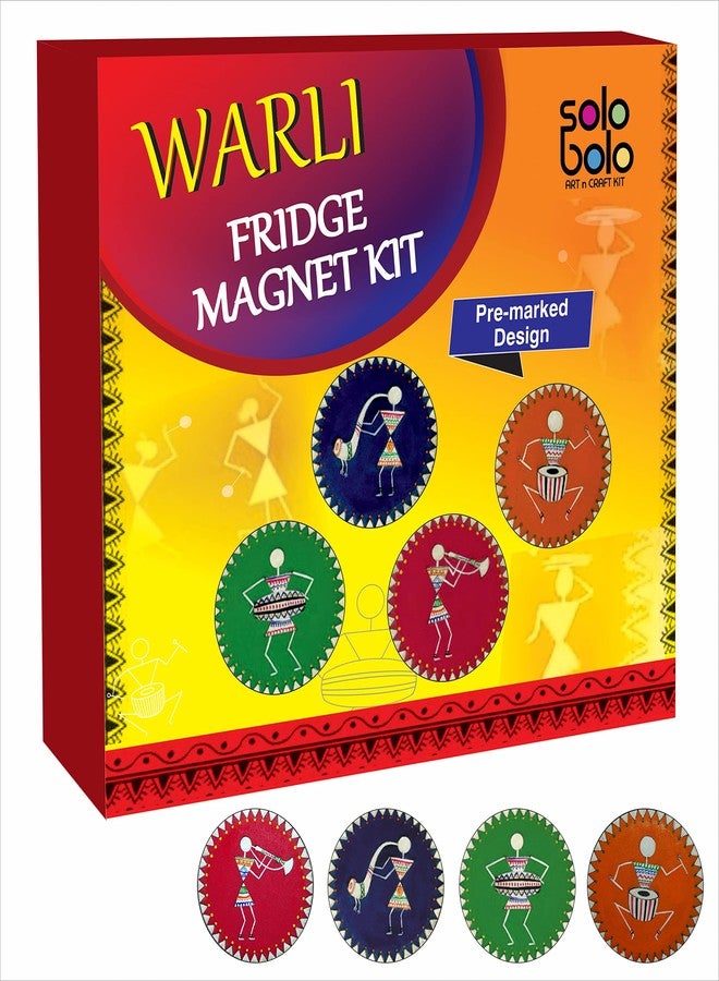 SOLOBOLO Warli Art Painting Kit|Decorative Fridge Magnets For Kitchen|Warli Art&Craft Kit|Gifts For Girls Age 10-12|4 Pre Marked Diy Painting Kit Fridge Magnets|Big Size Fridge Magnet-3.5 In Dia - Image 1